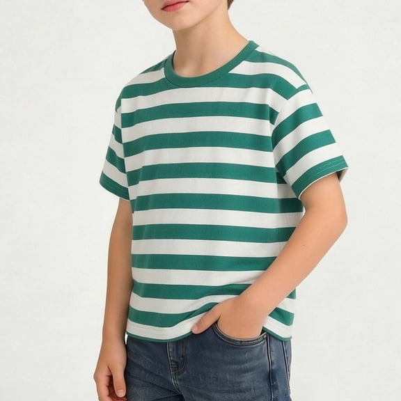 Fnooota Boys Cotton T-shirts, Summer Short Sleeve Casual Stripe Kids Summer Tops Green Size 14
