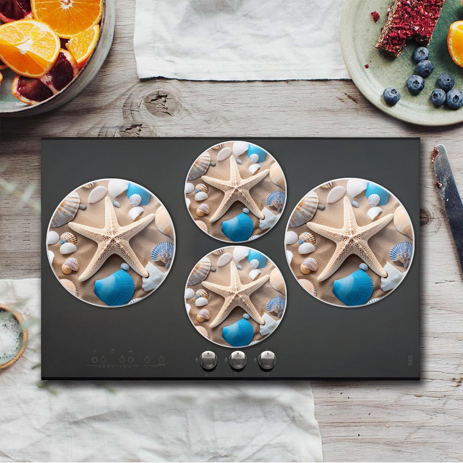 Bahomeck Gas Stove Burner Cover Set Of 4，Starfish Shell Pattern On The Beach Metal Stove Burner Covers，Electric Stove Burner Covers,Protecting Gas Stoves,Kitchen Decor，8 Inches And 74 Inches