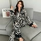 thumbnail image 4 of Conjunto de Pijama de rayas de cebra para mujer, ropa de dormir femenina con solapa de satén de seda sintética, camisa de manga larga, pantalones, ropa de casa, 2 piezas, 4 of 4