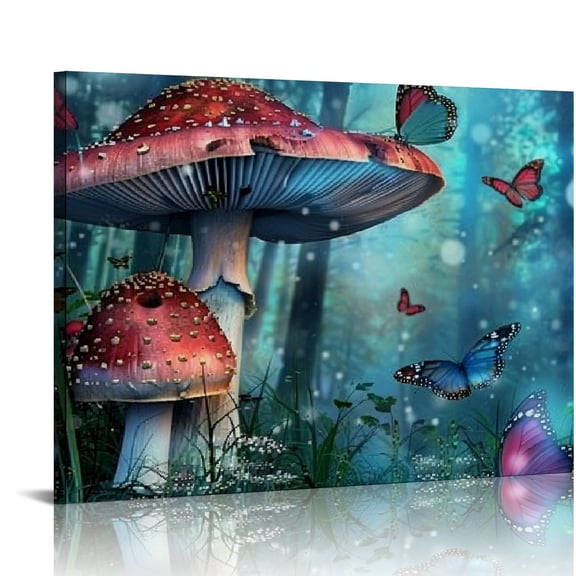 FUMJ Magical Forest Wall Art Fantasy Mushroom Wall Decor Nature Landscape Plant Picture Butterflies Canvas Print Nursery Decor Fairytale Theme Wall Painting for Home Bedroom Dorm Decoration