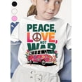 thumbnail image 1 of Girls' Retro Hippie Graphic Tee - Peace, Love & War Design with Colorful Van Illustration - Soft Cotton, Loose Fit, Short Sleeve - Perfect for Spring & Summer Outdoor Fun, 1 of 6
