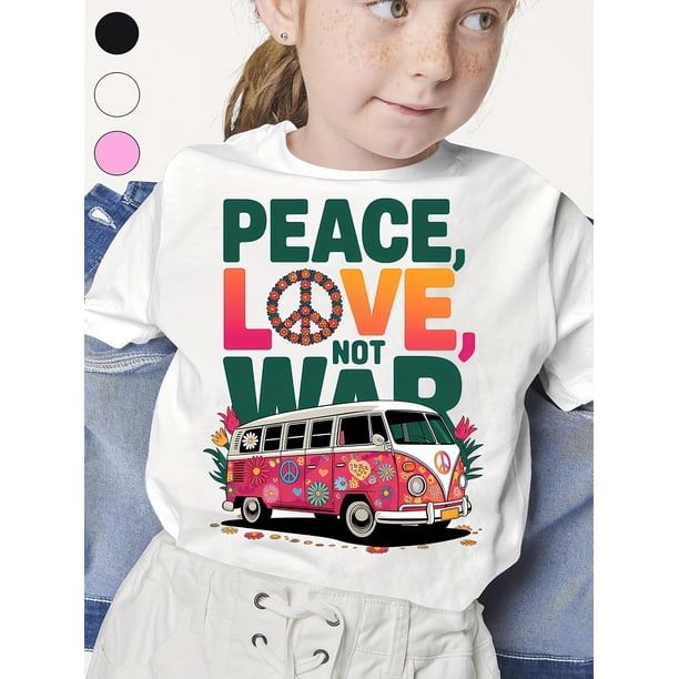 Girls' Retro Hippie Graphic Tee - Peace, Love & War Design with Colorful Van Illustration - Soft Cotton, Loose Fit, Short Sleeve - Perfect for Spring & Summer Outdoor Fun