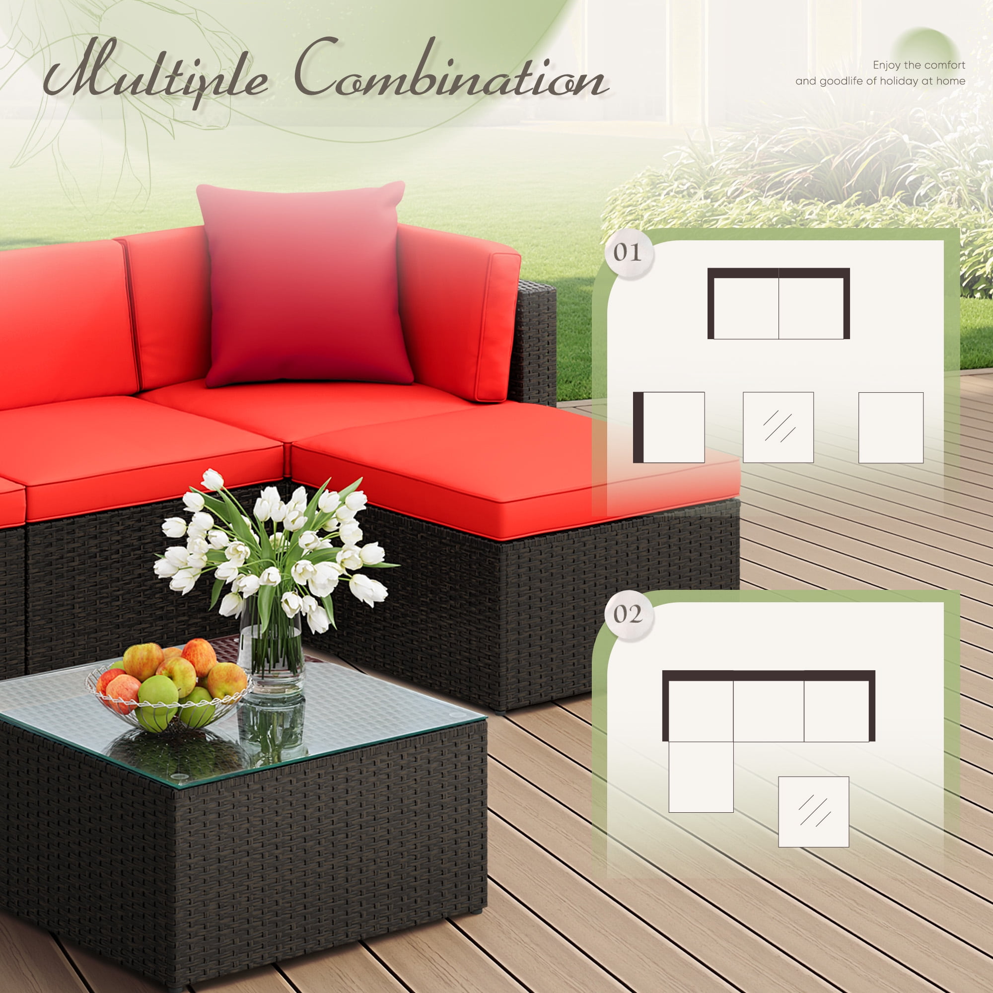Lacoo 5 PCS Patio Outdoor Furniture Wicker Sectional Sofa With Cushion, Red