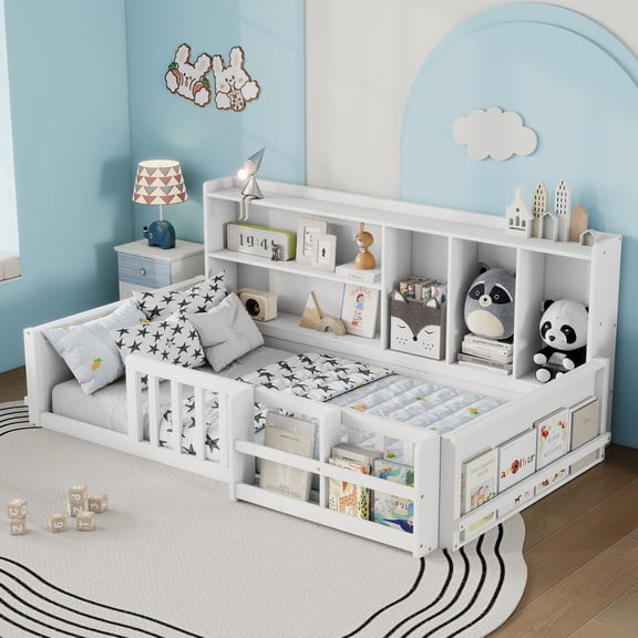 Leumius Twin Size Floor Montessor Bed with Storage Shelves,Wood Low Bed with Semi-enclosed Guardrail and Headboard, Footboard, Space Saving, No Box Spring Required,White