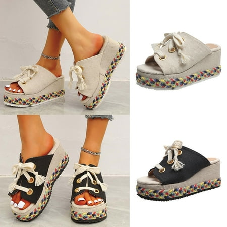 

Cethrio Women s Braided Wedge Sandals- Wide Width on Clearance Slides Sandal Heel Wedge Heel Braided with Ties Beige Dressy Sandals/ Slides Size 6.5