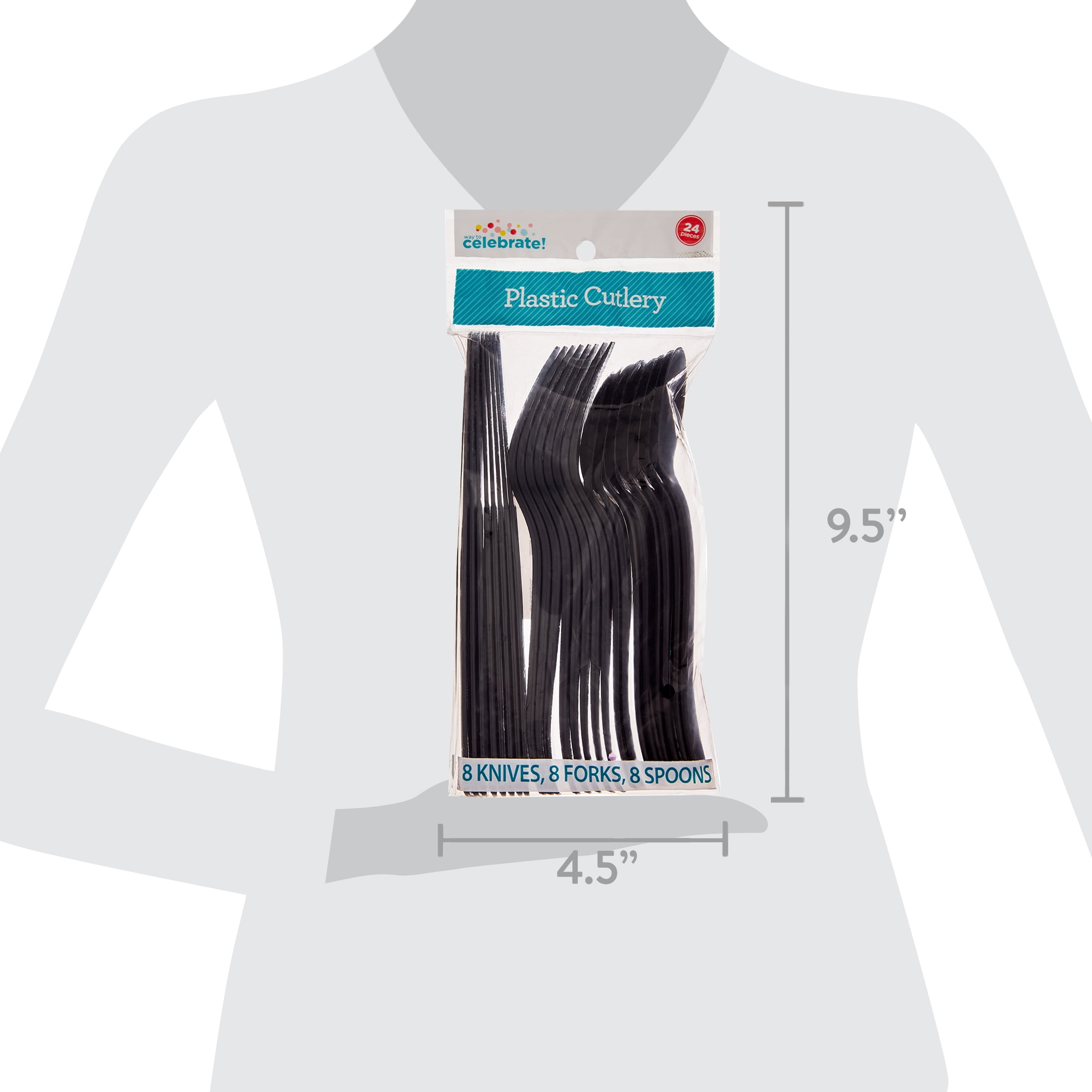 Disposable Plastic Cutlery Set, Black, 24 Pieces, by Way To Celebrate