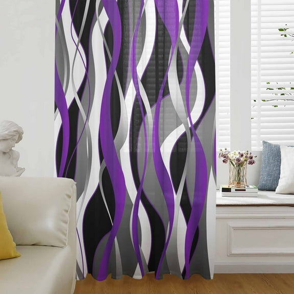 Purple Stripe Semi Sheer Curtains Drapes for Living Room,Bedroom,French Doors Window 96 Inches Long,Black Grey White Gradient Striped Geometric Rod Pocket Chiffon Curtain Drapery Voile Drape Panel