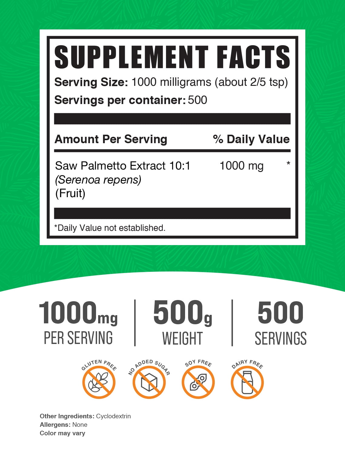 BulkSupplements Saw Palmetto Extract Powder - 1g per Serving - 500 Grams (1.1 lbs) - 500 Servings