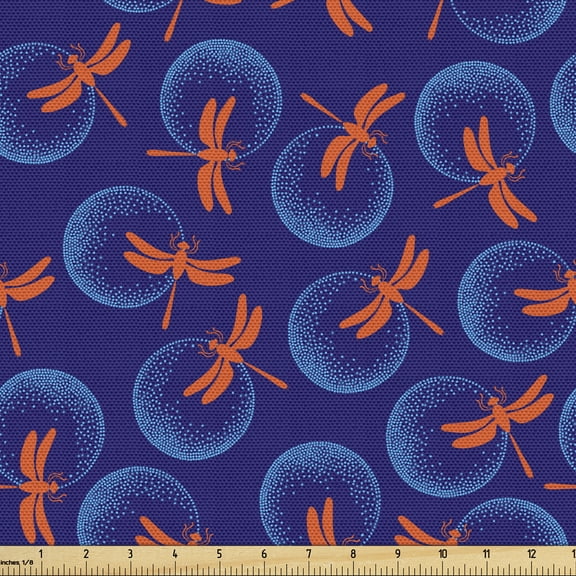 Entomology Upholstery Fabric by the Yard, Composition of Dotted Round Blobs and Dragonfly Silhouettes, Decorative Fabric for DIY and Home Accents, 5 Yards, Vermilion Indigo by Ambesonne