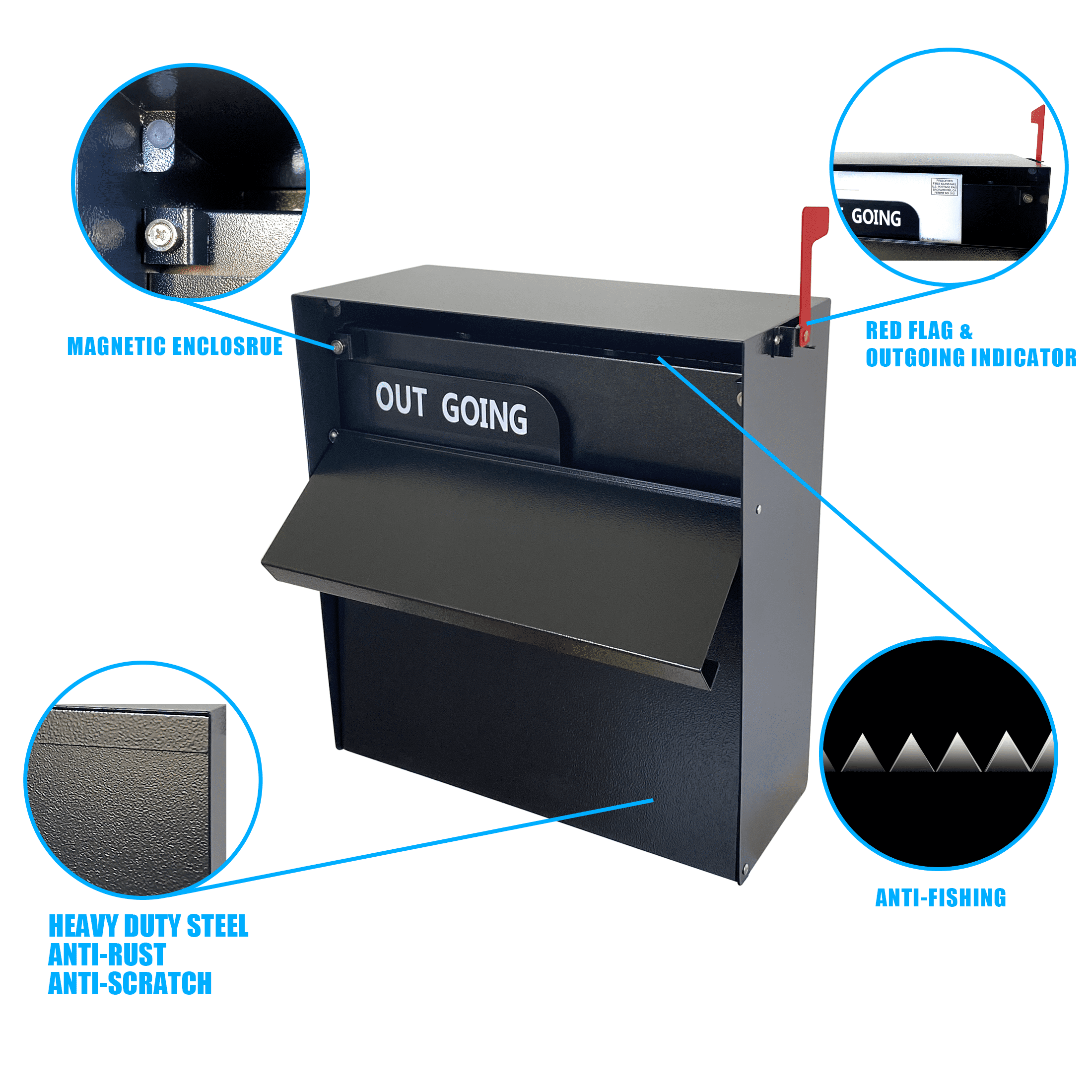 Plugsharge Rainproof Wall Mount Mailbox with Outgoing Mail Flag and Holder, Weatherproof Anti-Fishing Locking Mailbox, Heavy Duty Residential Security Mailbox, Payment Drop Box with Lock, Black