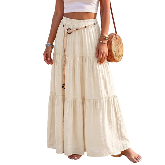 Boyscolos Women's Maxi Skirt High Waist Tiered A-Line Casual Summer Flowy Boho Relaxed Fit Long Skirts for Beach Vacation Beige XL