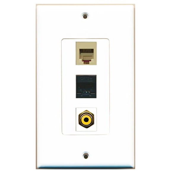 RiteAV - 1 Port RCA Yellow and 1 Port Phone RJ11 RJ12 Beige and 1 Port Cat5e Ethernet Black Wall Plate Decorative