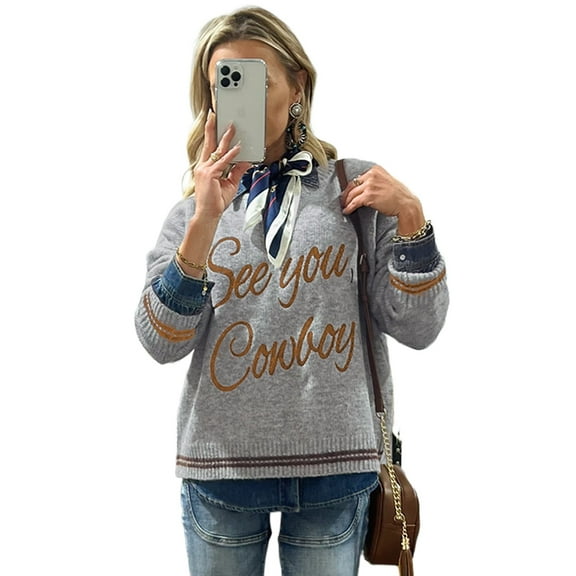 Women's Light Grey Western Graphic Sweater with 'See You Cowboy' Embroidery - [ZhiHiMeRi] | L