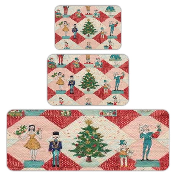 RKSupls Kitchen Rug Set 3 Piece Anti-Slip Flannel Floor Mats, Nutcracker Characters Washable Absorbent Runner Mats for Kitchen Bathroom Home Decor