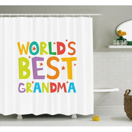 Grandma Shower Curtain, Cartoon Style Lettering Worlds Best Grandma Quote with Stars Colorful Illustration, Fabric Bathroom Set with Hooks, 69W X 70L Inches, Multicolor, by
