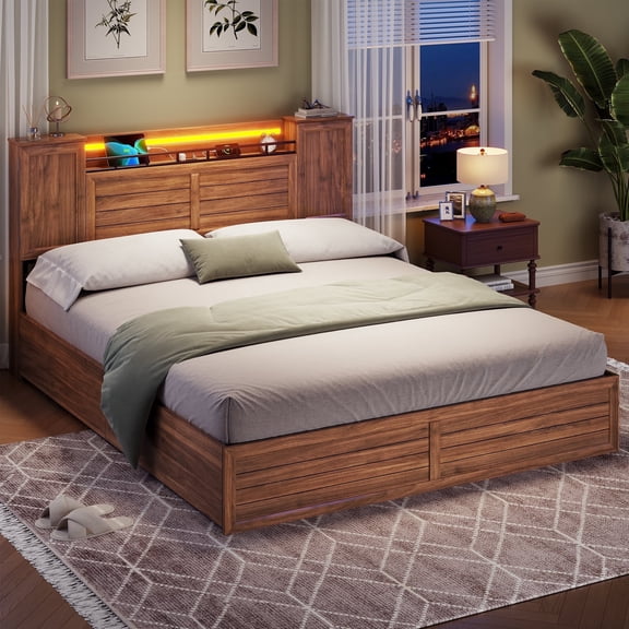 AOGLLATI Queen Size Farmhouse Bed Frame with Barn Door Storage Headboard & 4 Drawers LED Rustic Brown Wood Platform Bed, No Box Spring Needed