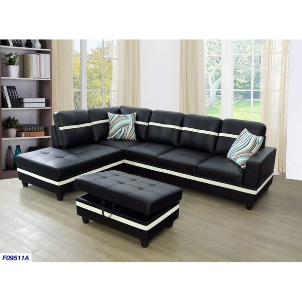 Aycp Furniture Sectional Sofa Set With, Modern Black Faux Leather Sectional