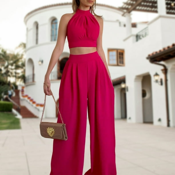Conjunto de pantalon de 2 piezas para mujer chaleco de cintura alta pantalon largo cuello alto traje de vacaciones FLhrweasw Para estrenar Walmart en linea