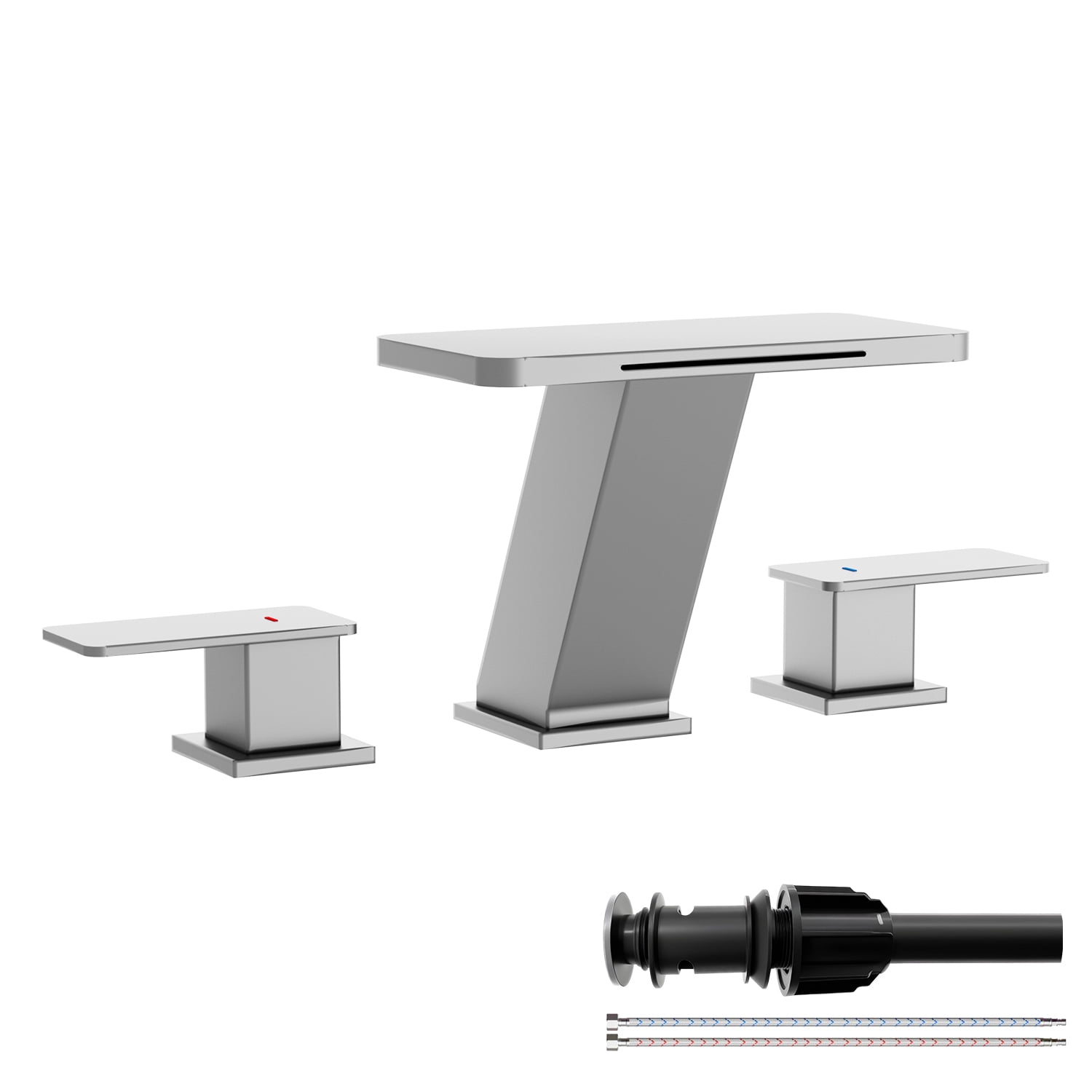 Waterfall 8 in. Widespread 2-Handle Bathroom Faucet, Brushed Nickel, 3-Hole Sink Faucet with Pop-Up Drain & Splash-Free Flow