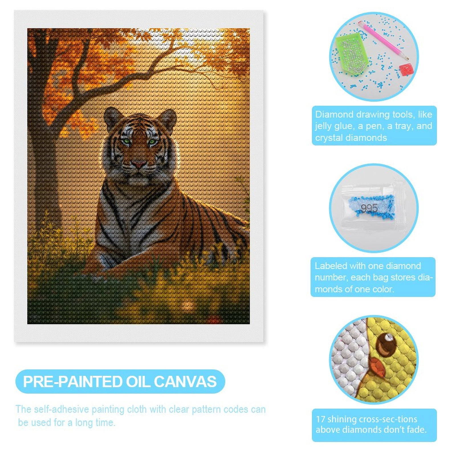 Diamond Art Kits for Adults, Tiger Autumn Forest Sunlight Scene 5D Diamond Painting Kits for Adults Beginners, DIY Full Drill Diamond Painting, Gem Art and Crafts 12x16
