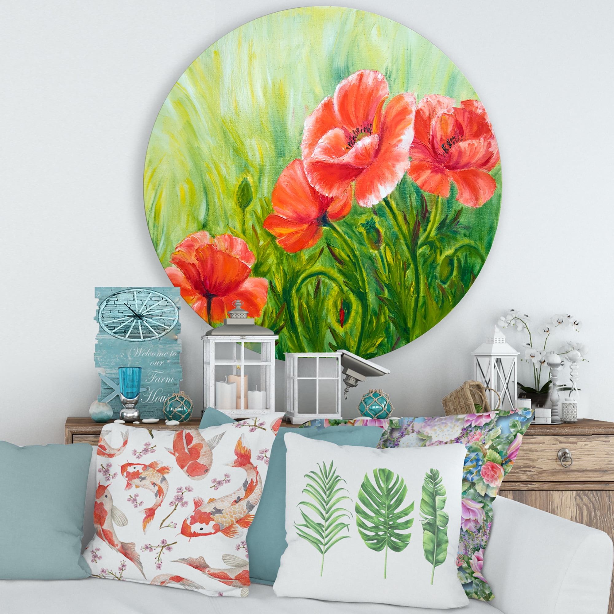 Designart 'Red Blossoming Poppies Over Wild Green III' Traditional Circle Metal Wall Art 36x36 - Disc of 36