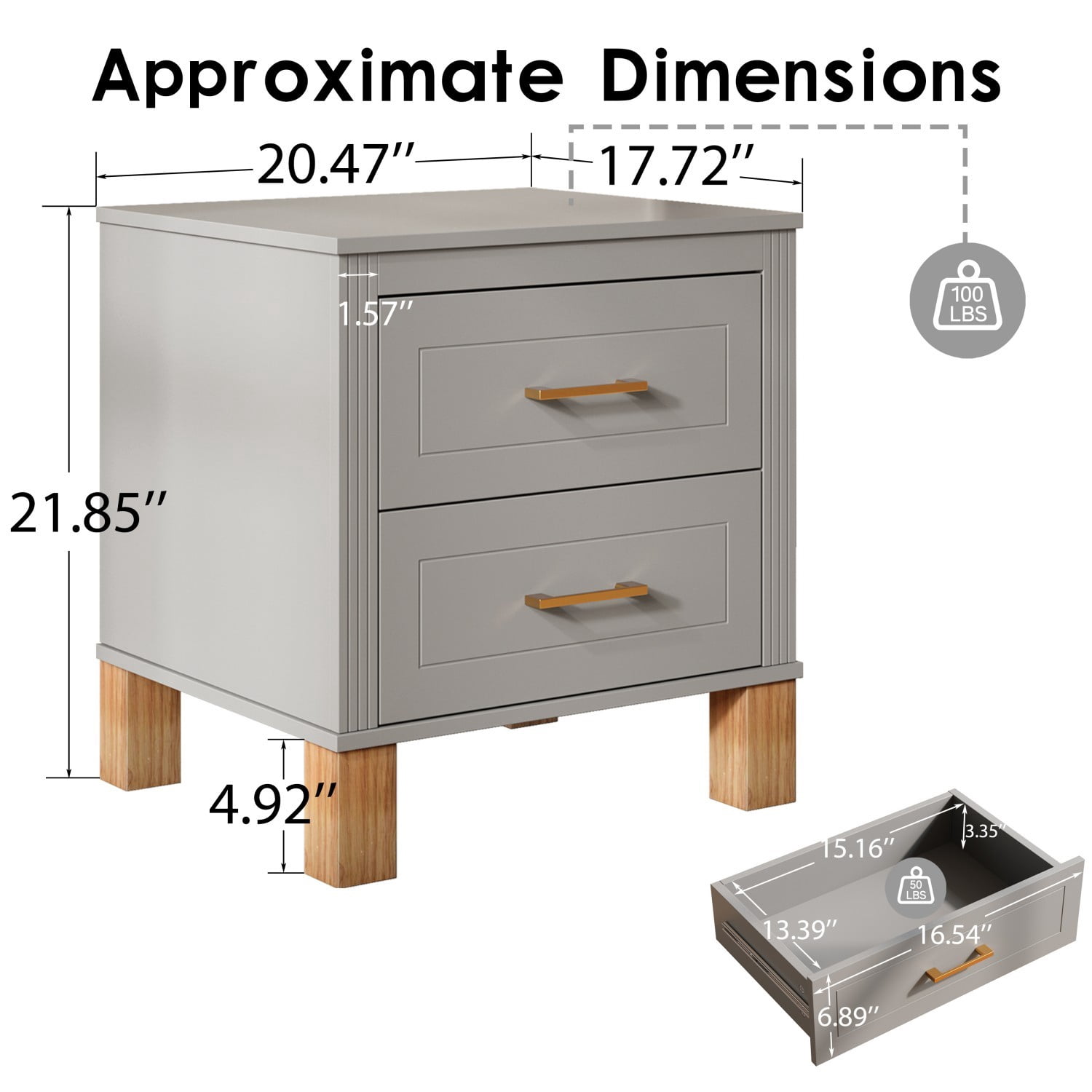 2 Drawer Nightstand with Solid Wood Legs, Fluted Bedside Table with Metal Handles, Tall Wood End Table Storage Cabinet for Bedroom, Living Room, Gray