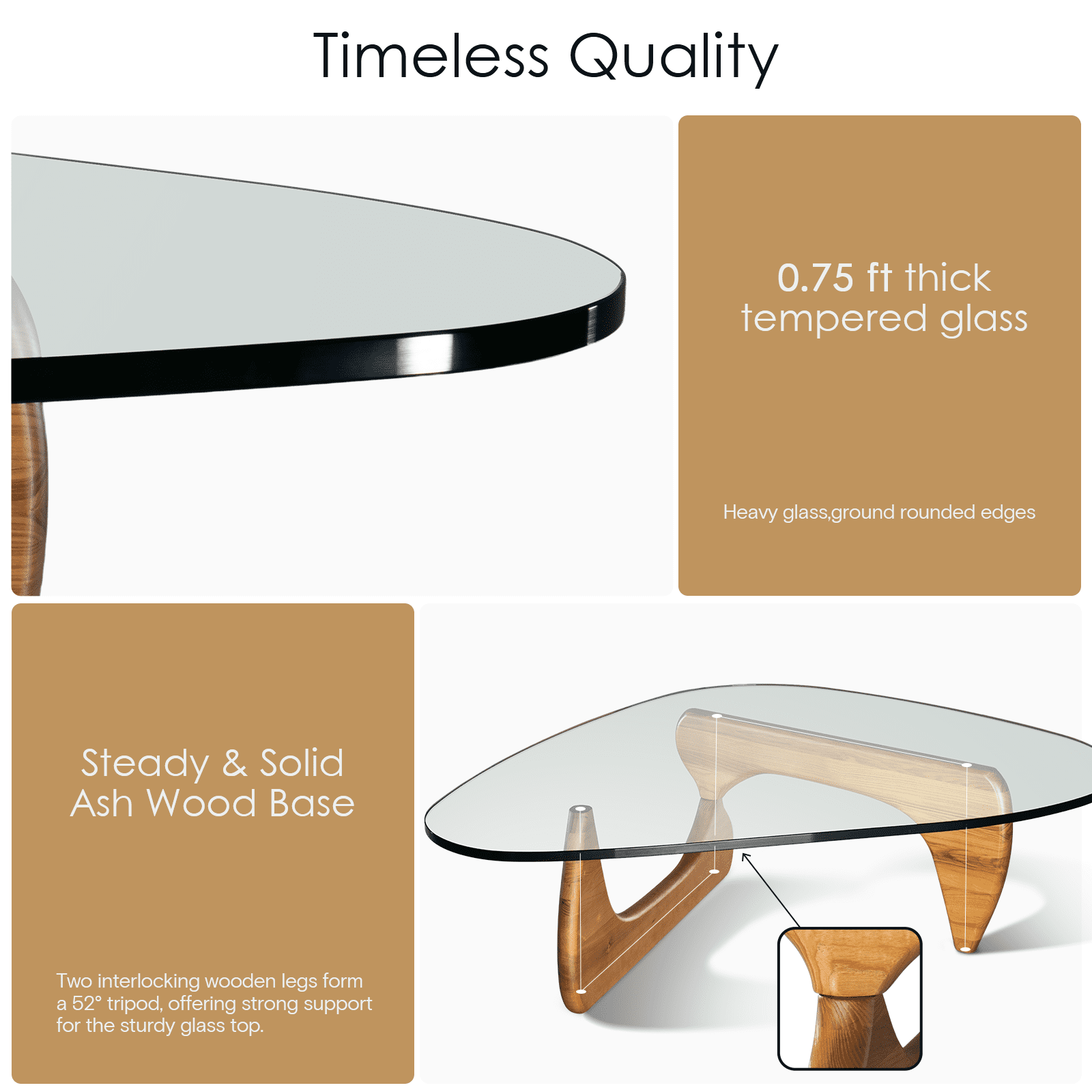 Tranqu Triangle Clear Glass Coffee Table, 0.75″ Ultra Thick Tempered Glass Top, Wooden Base, Modern Cocktail Table for Living Room - Light walnut