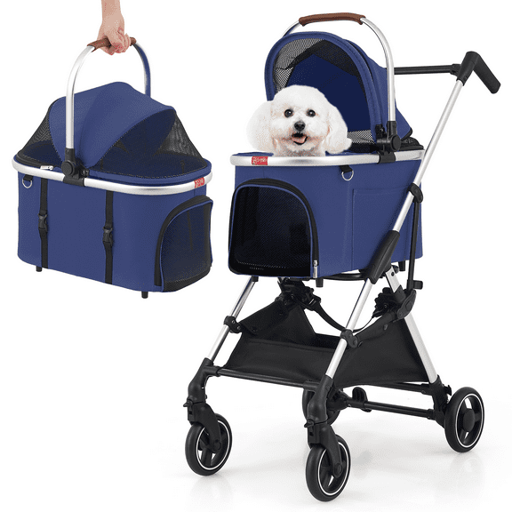 SAEWUD 4-Wheel Foldable Pet Stroller 3-in-1 Travel Carrier with Detachable Basket, Car Seat & Mesh Window for Small & Medium Pets – Navy Blue