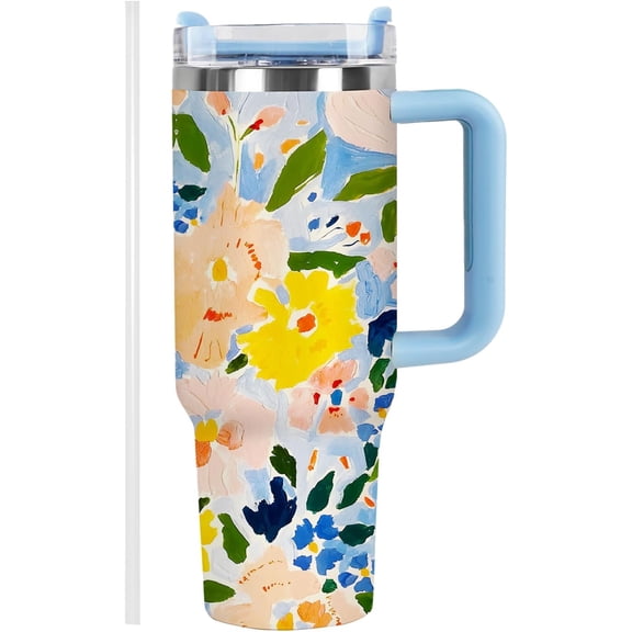 30 Oz Yellow Floral Insulated Tumbler For Women with Handle and Straw Lid Leak Proof,Funny Coffee Travel Iced Cup Mug for Lady, Mothers Day Birthday Christmas Gifts for Women Mom Girl Wife