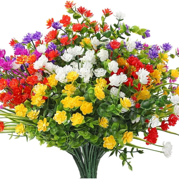 12 Bundles Artificial Flowers Outdoor, UV Resistant Faux Artificial Plants Shrubs Plastic Flower Bulk for Hanging Planter Porch Window Home Wedding Fall Summer Decor (Multi Color)