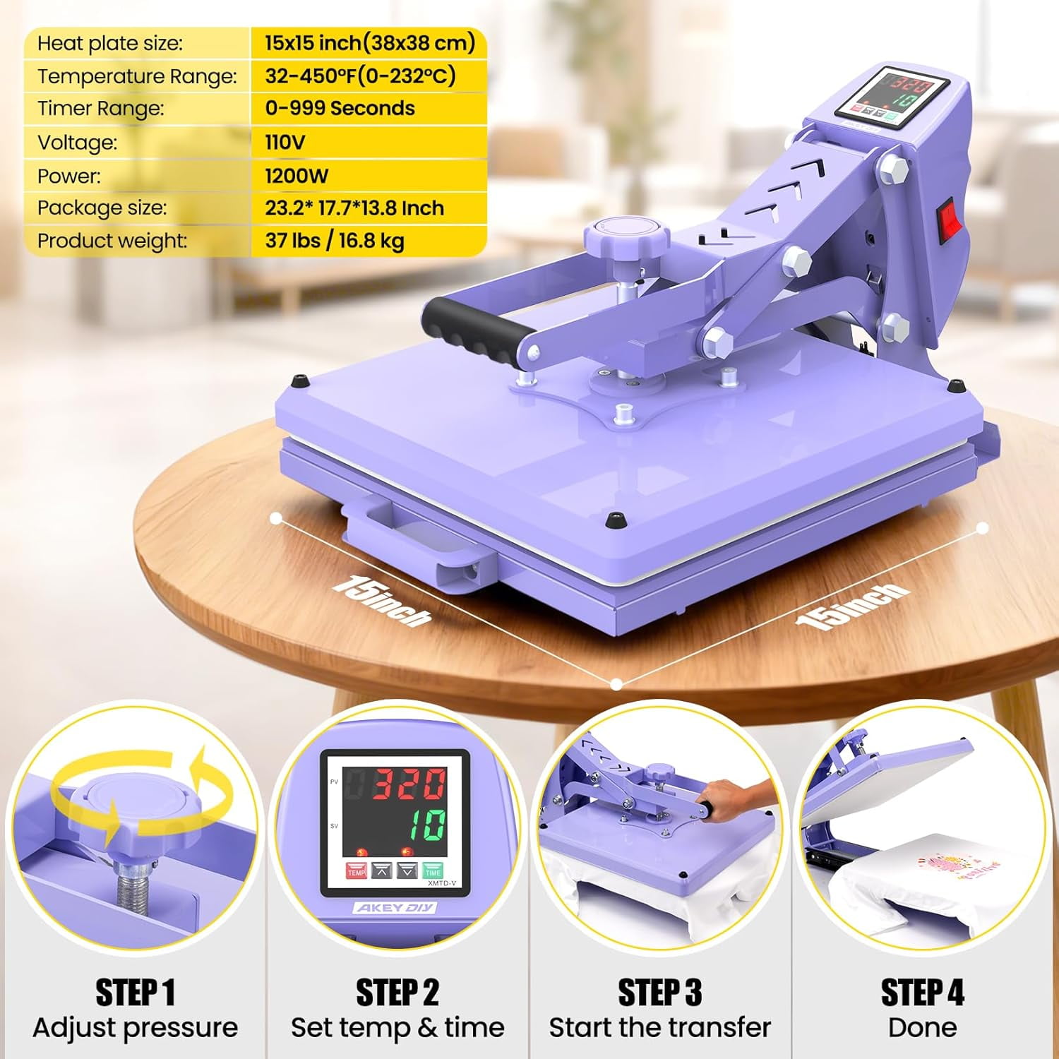 Adnoom Clamshell Heat Press 15x15 with Slide Out Design, Industrial-Quality Sublimation Press with Dual Tube Heating System, Digital Heat Transfer Machine for T-shirt, Mouse Pad, Pillows, Purple