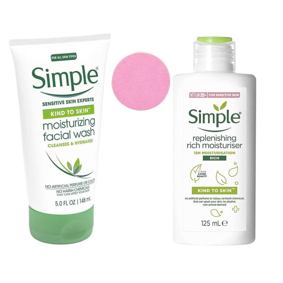 Simple Hydrating Rich Moisturizer, 4.2 Ounce - Simple Moisturizing Facial Wash, 5 Ounce - With Compressed Face Sponge