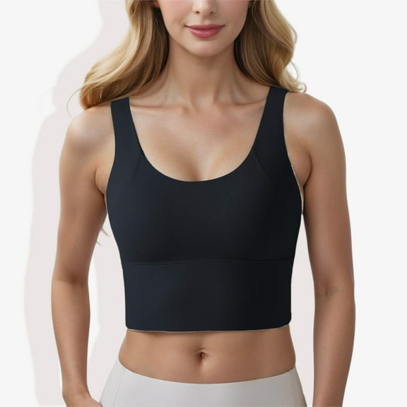 Women's Longline Sports Bra with Wide Straps and Scoop Neck- Medium, Black