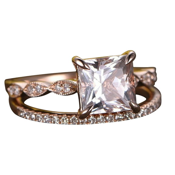 4 Carat 8mm Princess Cut Morganite 10k Rose Gold Wedding Set Diamond Moissanite Art Deco Stacking Matching Band