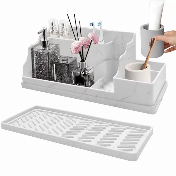 Marble Bathroom Countertop Organizer - Detachable 7 Slots  Electric Toothbrush and Toothpaste Holde Drainage for Bathroom Accessories Organization Counter Vanity Storage, Grey