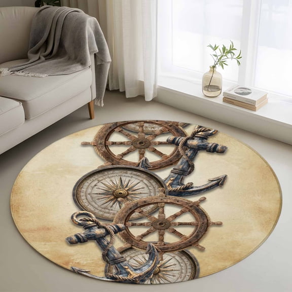 Round Area Rug 3 Ft, Vintage Anchor Nautical Washable Non-Slip Circle Carpet for Living Room/Bedroom, Coastal Compass Brown Low-Profile Small Floor Mats Collection Rugs for Indoor