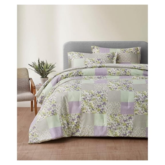 3-Piece Printed Patchwork Comforter Set - Botanical Candy Stripe Checkered - Microfiber Lightweight Reversible Bedding, King Size