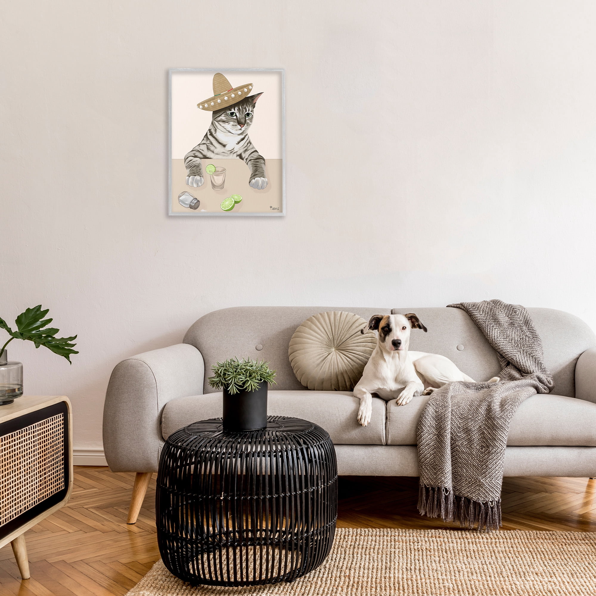 Stupell Industries Sombrero Cat & Cocktail Animals & Insects Painting Gray Framed Art Print Wall Art, 24 x 30