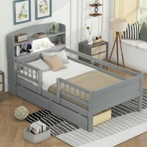 Euroco Twin Size Wooden Platform bed with Drawers and LED Light, Gray