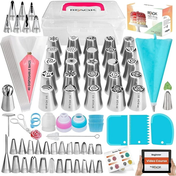 150PCs Russian Piping Tips for Cake Decorating - Piping Bags and Tips Set include 25 Extra Large Russian Tips,31 Icing Tips, 41 Pastry Bags with Frosting Tools for Cookie, Cupcake & Cake Decoration