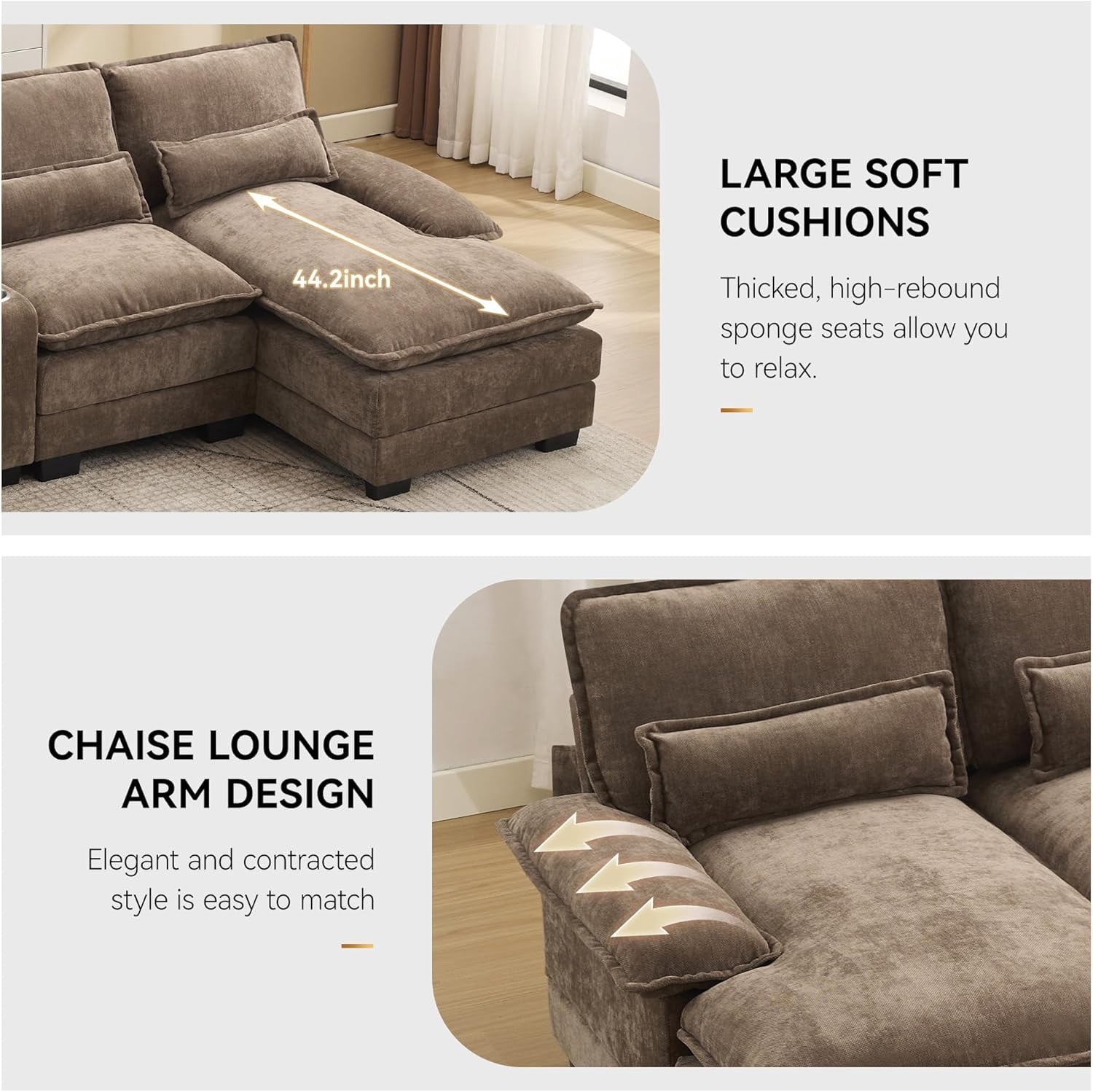 HASLE U Shaped Modular Sectional Sofa with Chaise Lounges, Chenille Upholstered Comfy Couch with Storage Console, USB Charging Ports & Cup Holders, Modern Deep Seat Sofa for Living Room, Brown