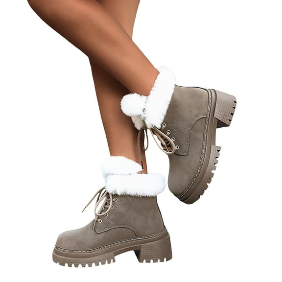 Lace Up Furry Winter Boots for Women Warm Plush Mid Calf Suede Combat Booties Chunky Low Heel Platform Fall Boots Gray Size 7.5