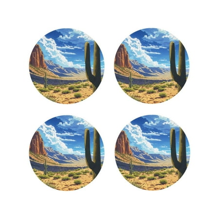 

Junzan Western Desert Cactus Print Coasters for Drinks - Leather Coasters Set of 4 for Coffee Table for Housewarming/Kitchen/Bar/Decor-Round Shape
