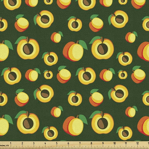 Fruits Fabric by the Yard, Food Themed Pattern of Apricots as Whole and Half in Continuous Pattern, Decorative Upholstery Fabric for Chairs & Home Accents, Emerald and Multicolor by Ambesonne