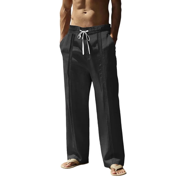 BVnarty Mens Linen Pants Casual Lightweight Solid Color Summer Beach Pants Elastic Waist Drawstring Vacation Trousers with Pockets Black L