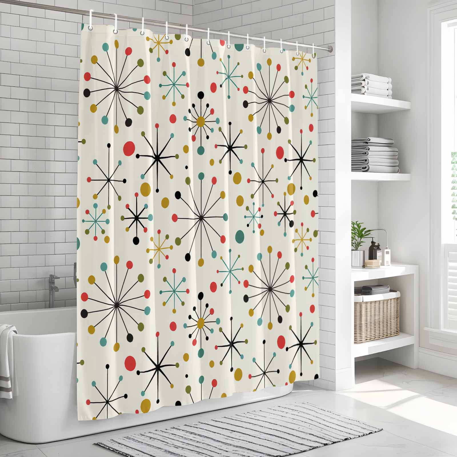 Shower Curtain Bathroom Set Mid Century Abstract Geometric Waterproof Fabric Shower Curtains with Grommets&Hooks, Modern Colorful Atomic Privacy Bath Curtain for Bathtub 72x84in