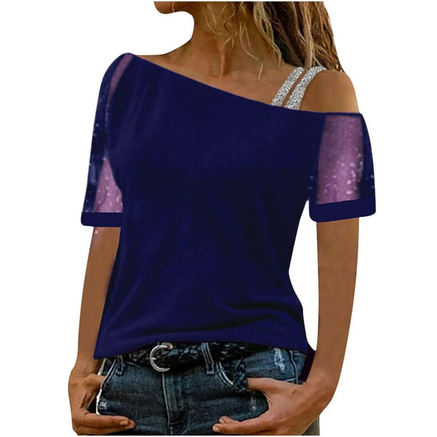 Ichuanyi Womens Swimsuits Clearance Women's Casual Blouse Solid T-shirt Mesh Off-the-shoulder Patchwork Short Sleeves Tops Ichuanyi Ichuanyi
