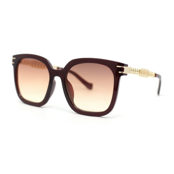 Womens Oversized Horn Rim Chain Arm Rectangle Designer Fashion Luxury Sunglasses Burgundy - Brown Orange