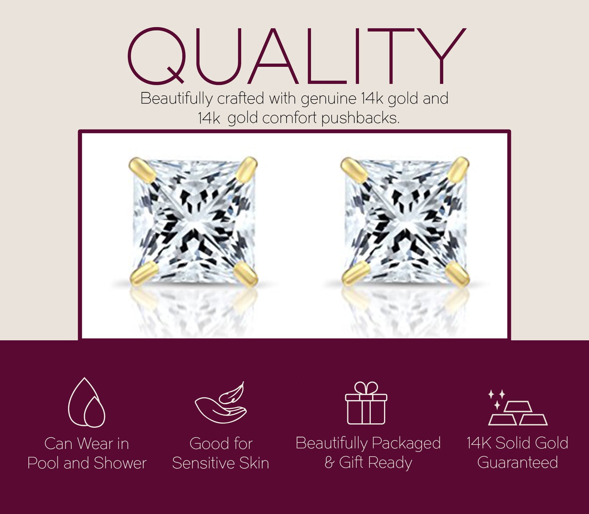 14k Yellow Gold Cubic Zirconia Princess Cut Stud Earrings with Screw Backs