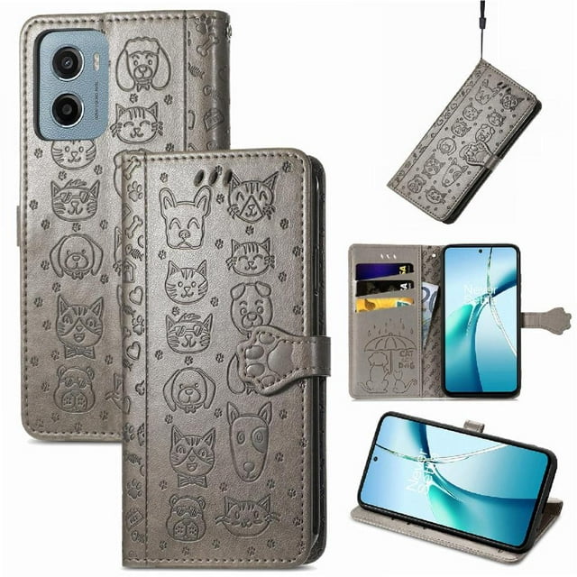 Funda Cartera FOXDOCK para Motorola Moto E15 , Flip PU con Relieve de Gatos y Perros, Tarjetero y Soporte